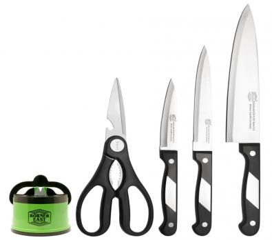 Ножи Borner Ideal (набор 5 предметов) (нож шеф-разделочный 20 см + нож универсальный 13 см + нож для чистки 9 см + ножницы кухонные + ножеточка c вакуумным креплением к столу)